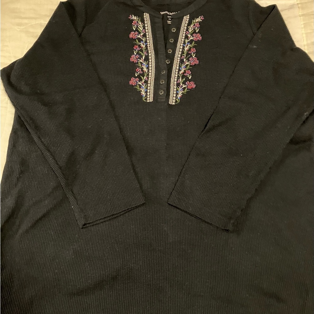 Woman Within Black Long Sleeve Top with Floral Embroidery